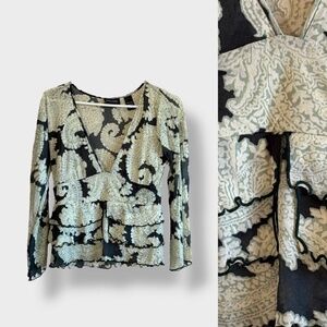 VTG Y2K 90s New York & Co Green Deep V Sheer Mesh Top Layered Flare Floral SMALL